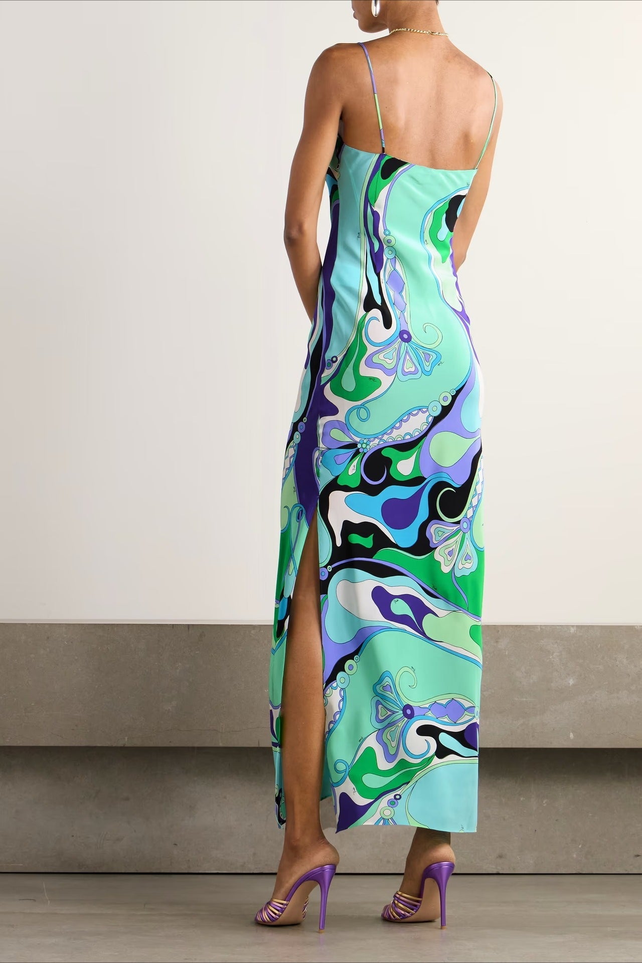 Sexy Printed Satin Cami Slit Silk Dress