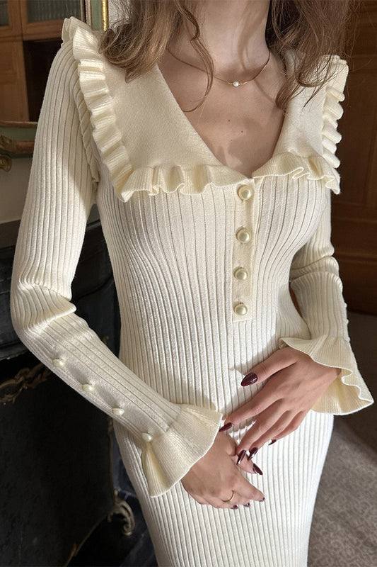 Chic Ruffled Collar Knitted Maxi Sweater Dress
