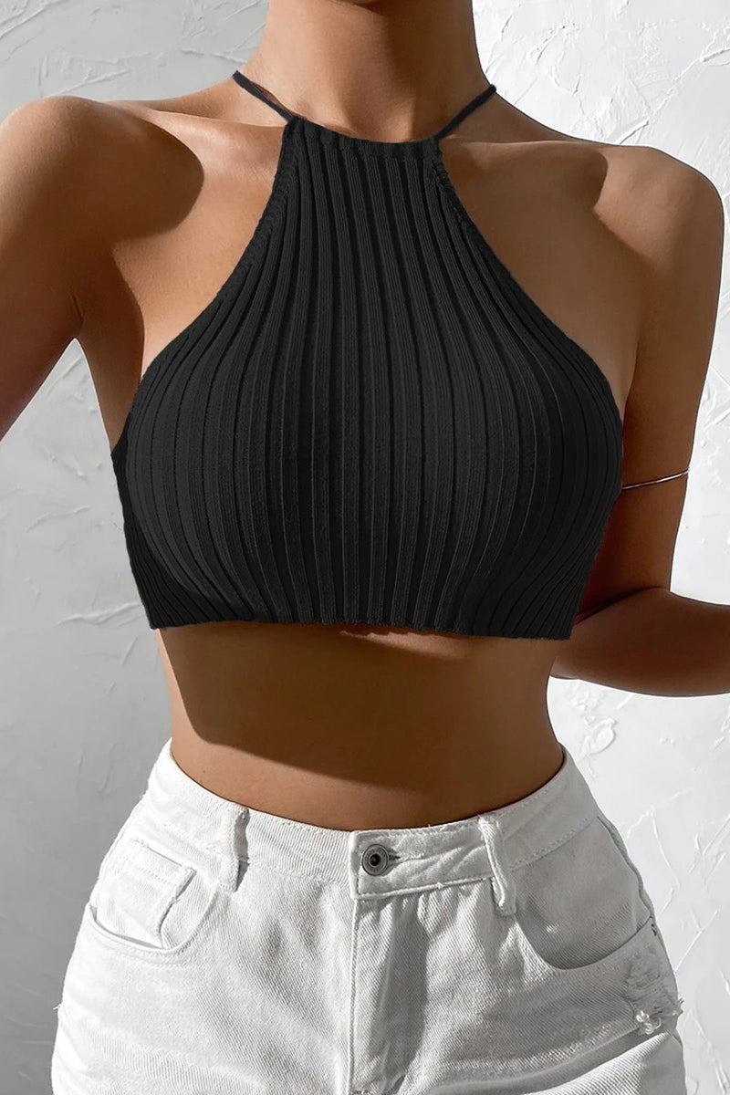 Knit Tie Backless Halter Crop Top