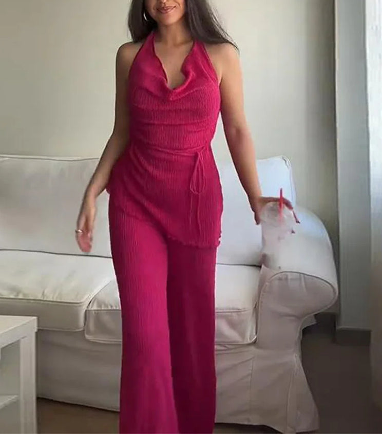 Lace-Up Halter Wide Leg Suit