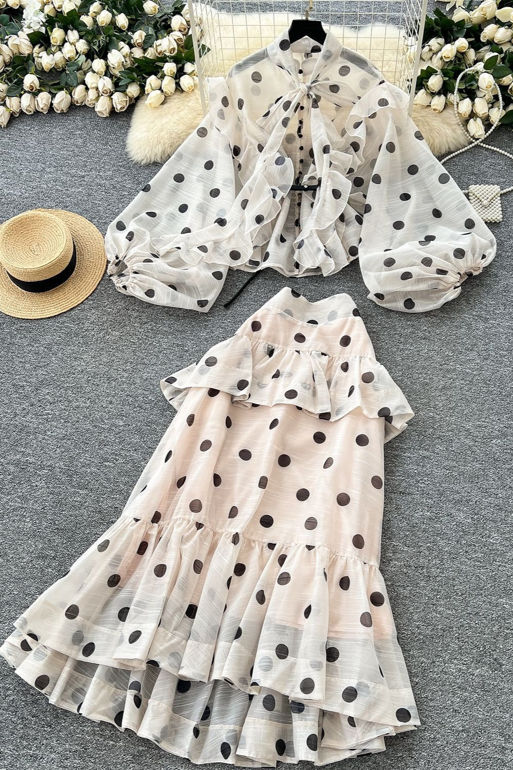Polka Dot Blouse Mermaid Skirt Set