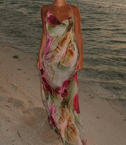 Cleavage Backless Printed Floral Dress