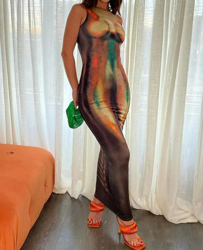 Multicolor Print Sleeveless Maxi Dress