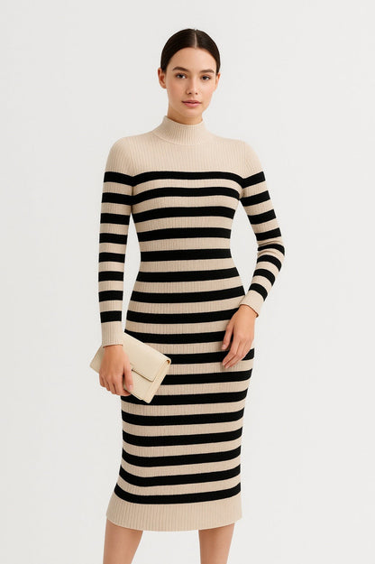 Youthful Striped Knit Pencil Sweater Dress