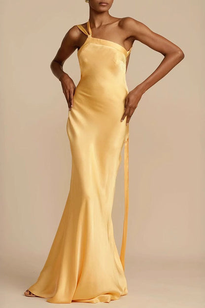 Elegant Asymmetrical Shoulder Slim Satin Party Formal Dress