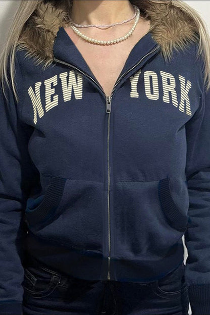 Fur Collar Letter Print Zip-Up Hoodie