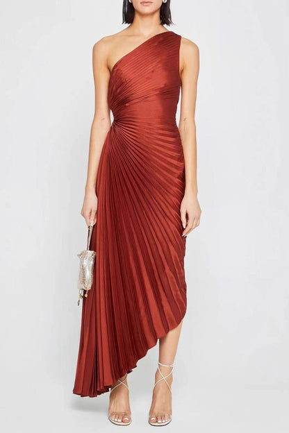 Ruched Satin One-Shoulder Cut-Out Party Silk Dress