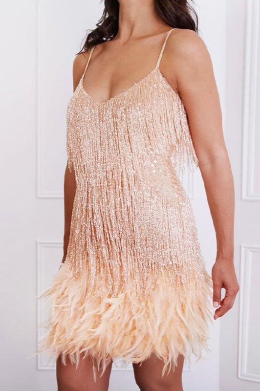 Fringe Feather Sequin Panel Party Mini Sequin Dress