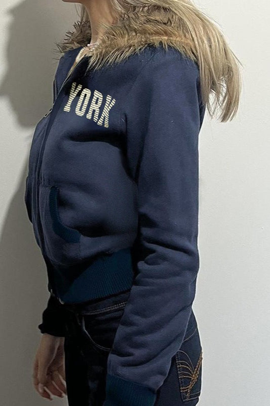 Fur Collar Letter Print Zip-Up Hoodie