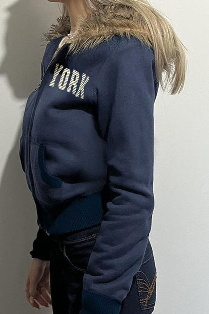Fur Collar Letter Print Zip-Up Hoodie