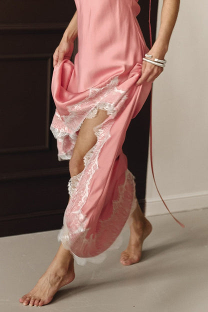 Satin Spaghetti Strap Split Lace Dress