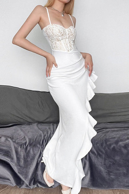 Lace Ruffle Slit Party Dress