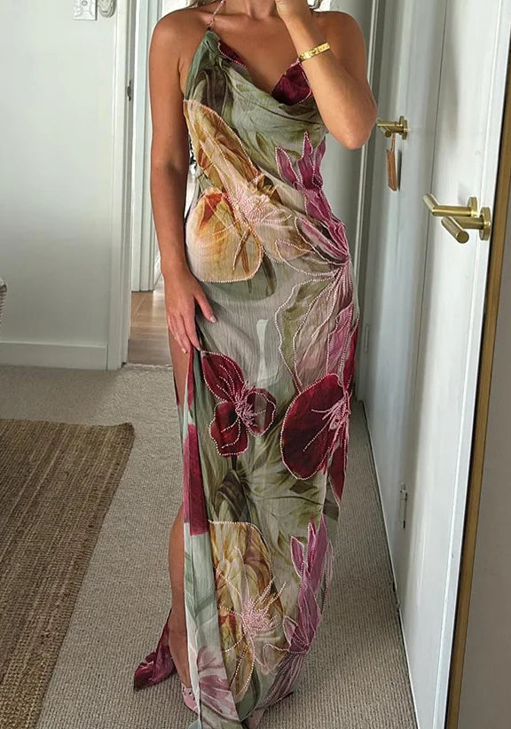 Bead Chain Split Swing Floral Dress