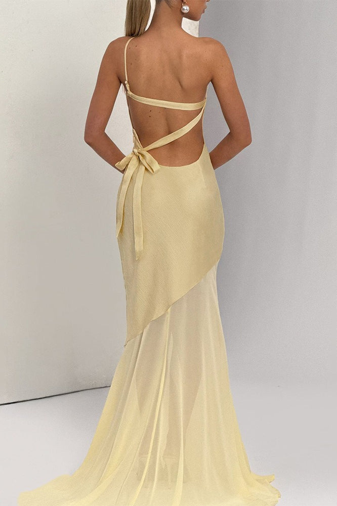 Sexy Asymmetric Backless Sheer Paneled Solid Formal Dress