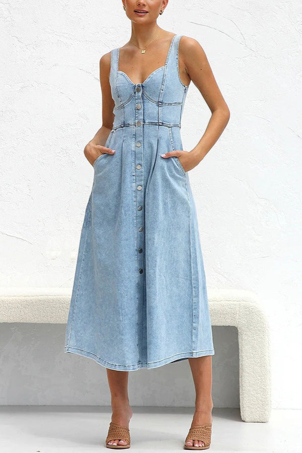 High Waist A-Line Denim Dress