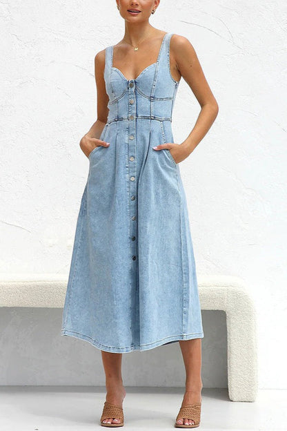 High Waist A-Line Denim Dress
