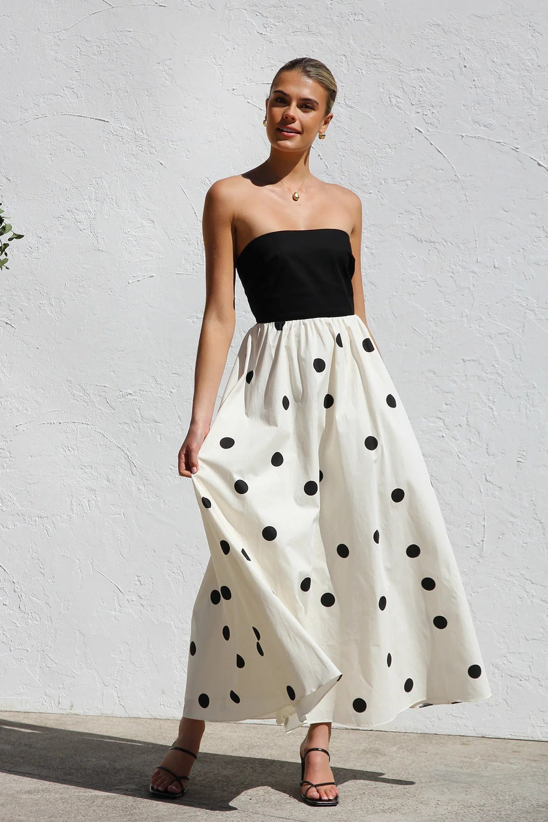 Polka Dot Print Strapless A-Line Maxi Dress