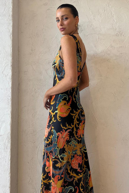 Satin V-Neck Floral Maxi Silk Dress