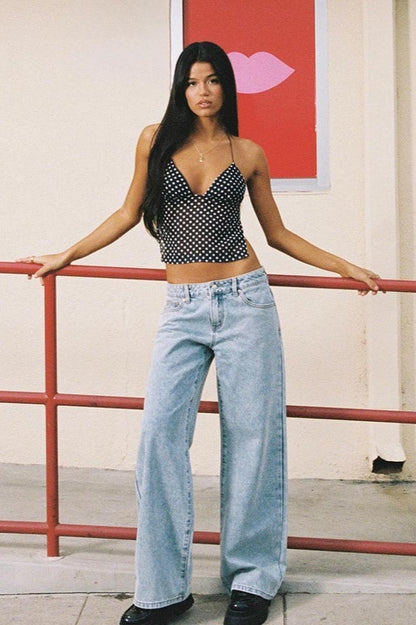 Polka Dot Backless Halter Crop Top