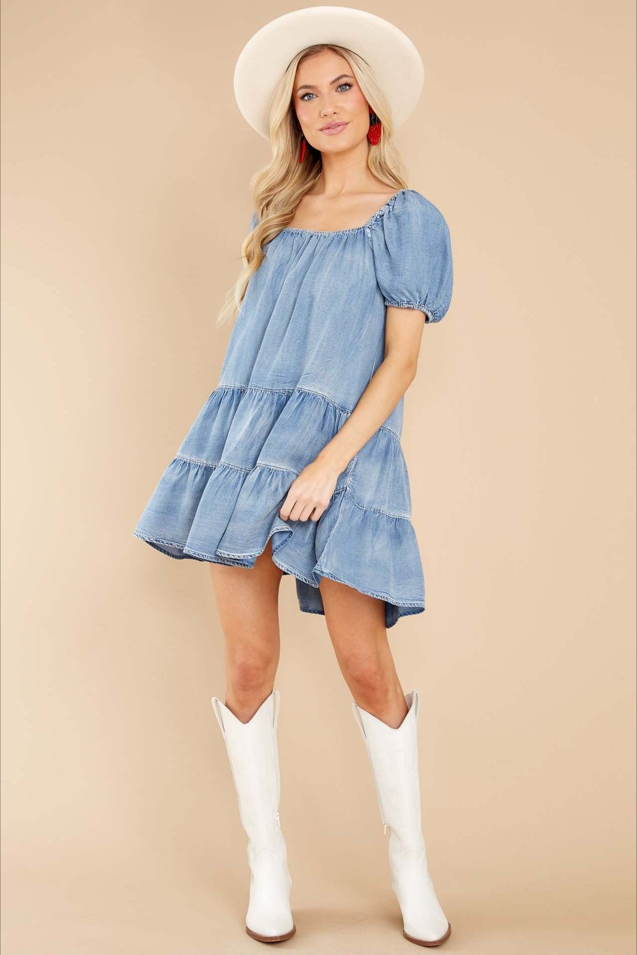 Short Sleeve Tiered Denim Dress