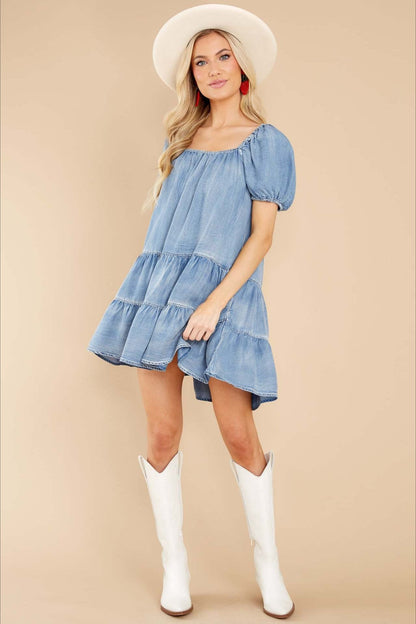 Short Sleeve Tiered Denim Dress