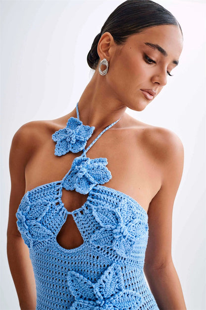 Sexy Cut-Out Halter Appliqué Fitted Bodycon Maxi Sweater Dress