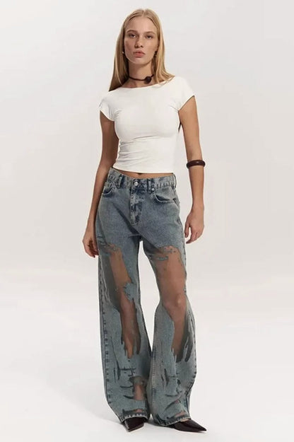 Vintage Mesh Spliced Jeans