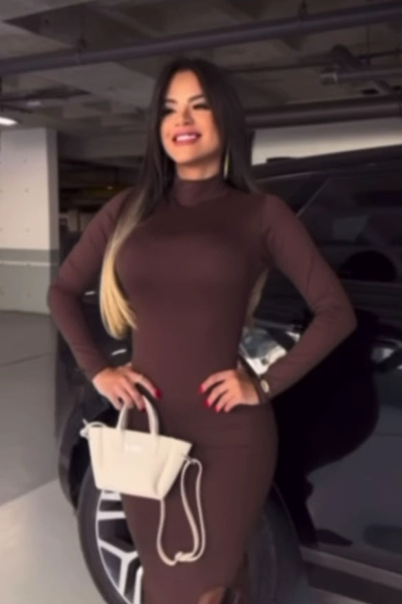 Elegant Stand Collar Long-Sleeve Work Dress