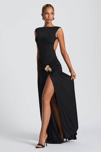 Sexy Solid Sleeveless Backless Ruched Waist Slit Formal Dress