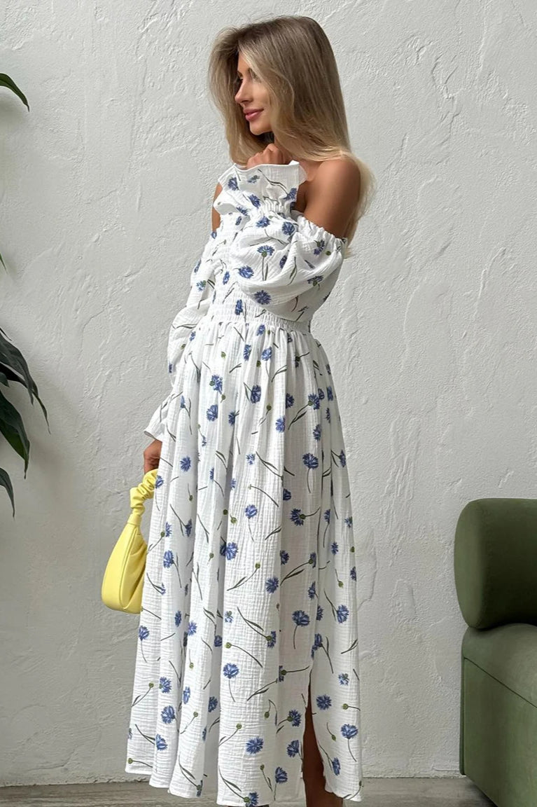 Vintage Ruffle Midi Side Slit Floral Dress