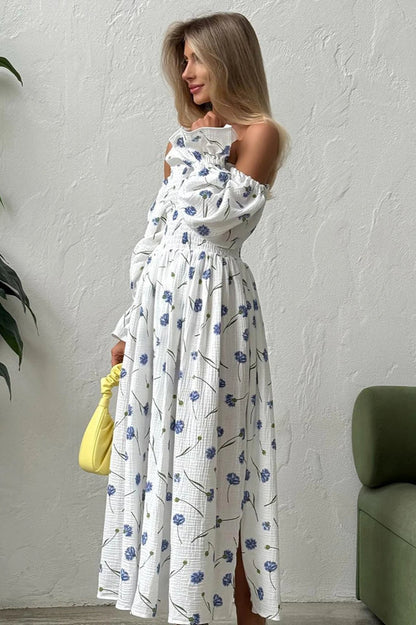 Vintage Ruffle Midi Side Slit Floral Dress