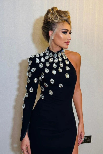 Rhinestone One Shoulder Long Sleeve Slit Bandage Cocktail Dress