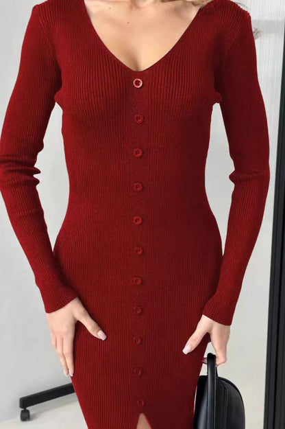 V-Neck Buttoned Split Fitted Bodycon Midi Knit Sweater Dress