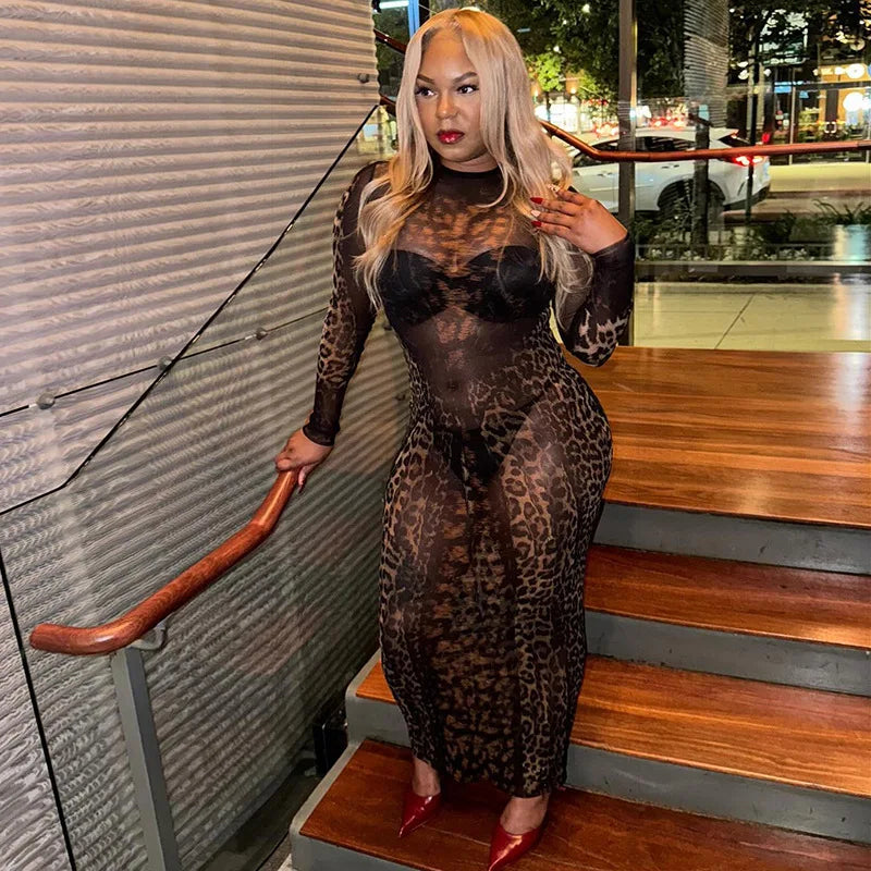 Mesh Leopard See Through Midi Dress