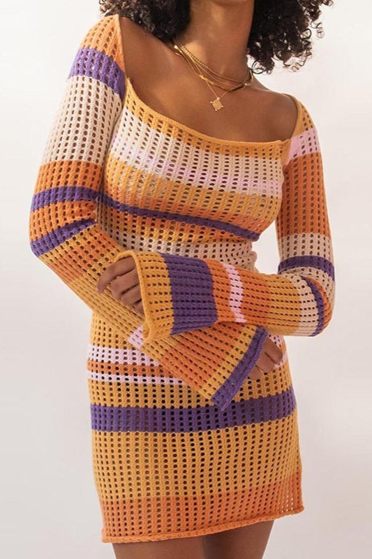 Striped Knit Sexy Cut Out Mini Bodycon Sweater Dress