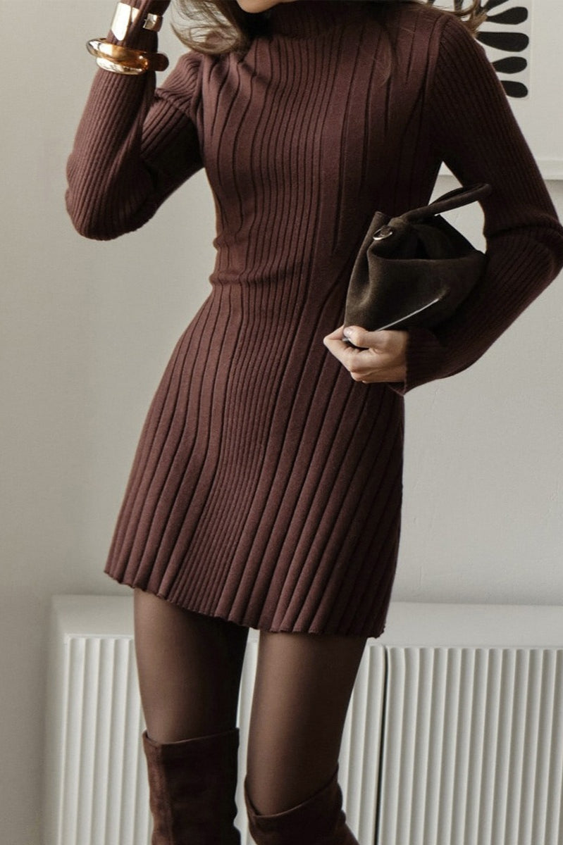 Elegant Playful Mock Neck Long Sleeve A-Line Mini Knit Sweater Dress