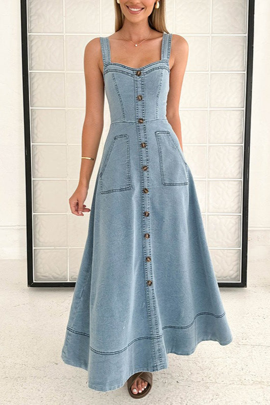 Strappy Backless Maxi Denim Dress
