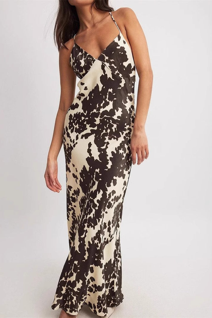 Fashion Satin Print Midi Silk Dress
