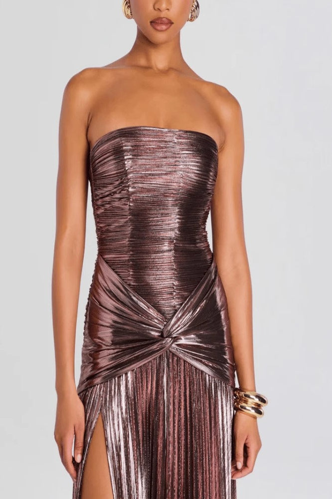 Chic Metallic Ruched Split Strapless Formal Dress