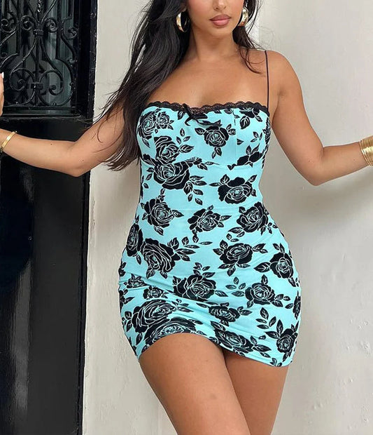 Satin Flower Lace Trimmed Mini Dress