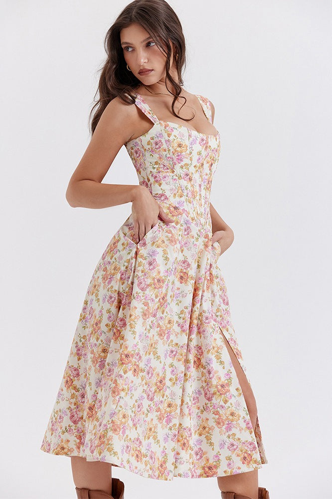 Floral Boned Spaghetti Strap Party Dress