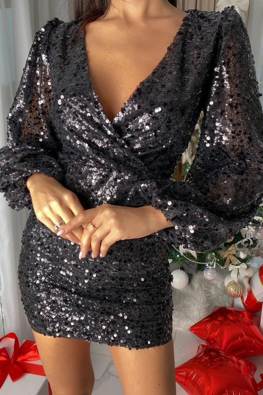 Long Sleeve V-Neck Sequin Bodycon Mini Sequin Dress