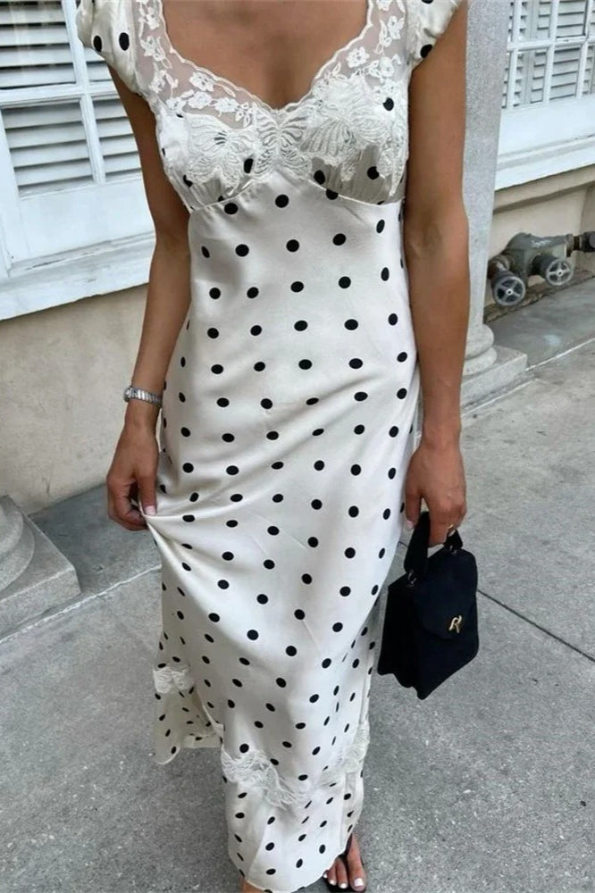 Lace Satin Polka Dot Maxi Dress