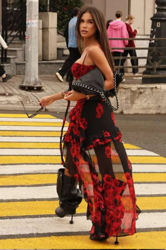 Ruched Low-Neck Floral Dress