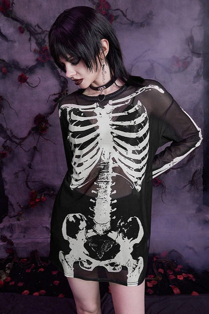 Mesh Skeleton Print Gothic T-Shirt
