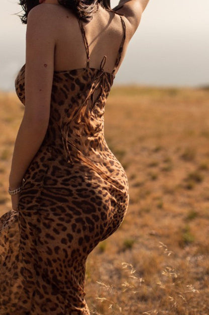 Leopard Print Backless Bodycon Maxi Dress