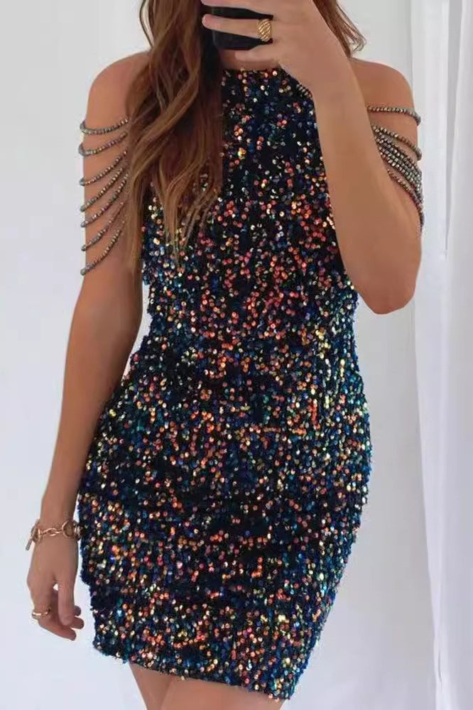 Sexy Crystal Fringe Halter Sequin Bodycon Cocktail Dress