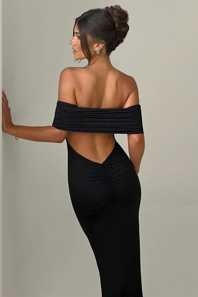 Sexy Off Shoulder Backless Bodycon Ruched Solid Formal Dress