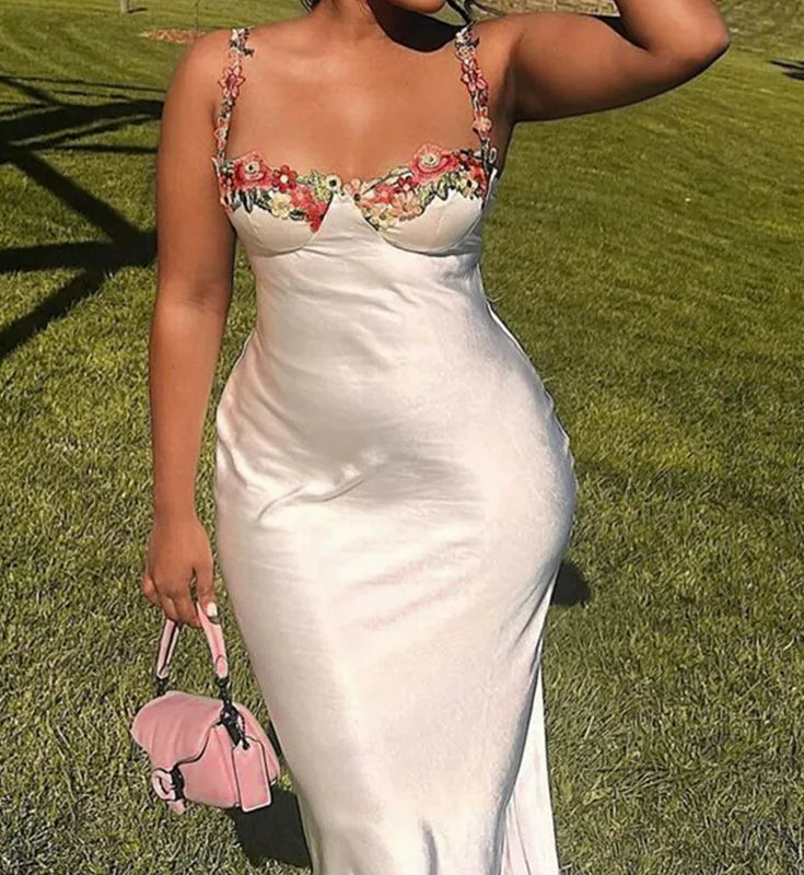 Satin Embroidered Slip Floral Dress