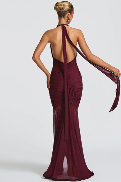 Elegant Mesh Paneled V Neck Halter Backless Long Formal Dress